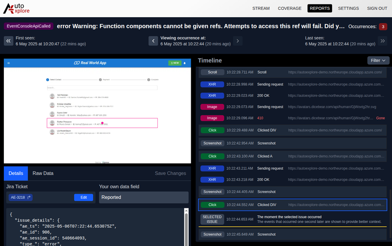 AutoExplore issue reporting
