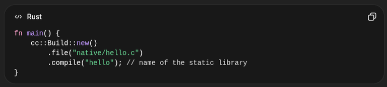 A minimal build.rs example using the cc crate to compile C code
